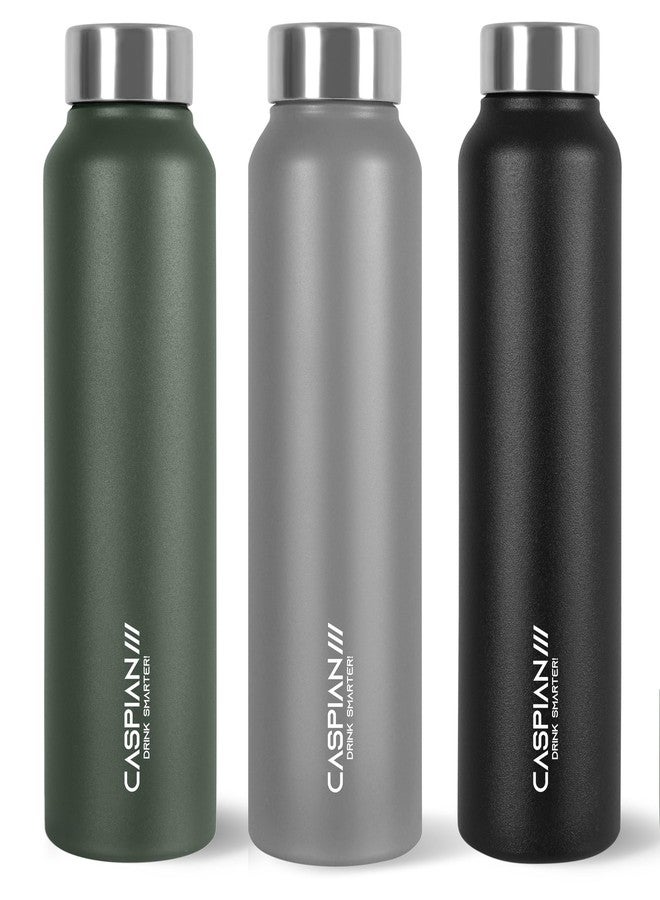 CASPIAN /// Astra Stainless Steel Water Bottle 1 Ltr (Litre) For Fridge,Home,Office,School,Gym-Ideal For Adults,Men,Women,Kids,Boys,Girls-1000Ml Leakproof,Rust Free,Set Of 3,Green Grey & Black - Image 1